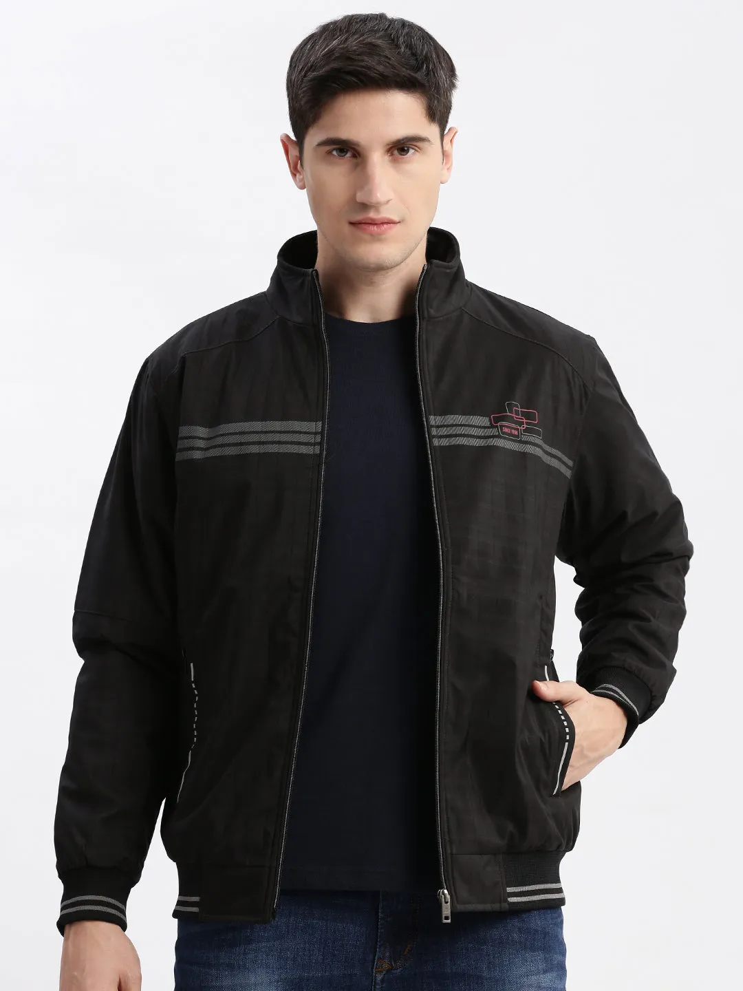 Men Black Geometric Printed Mock Collar Rapid-Dry Technology Windcheater Bomber Jacket