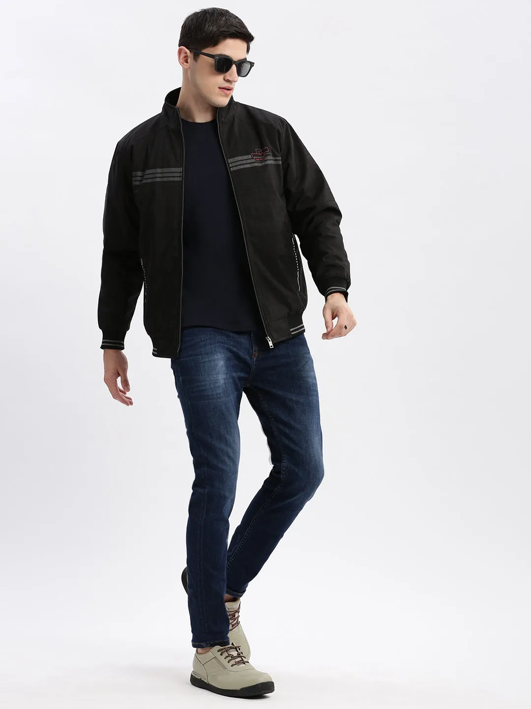 Men Black Geometric Printed Mock Collar Rapid-Dry Technology Windcheater Bomber Jacket