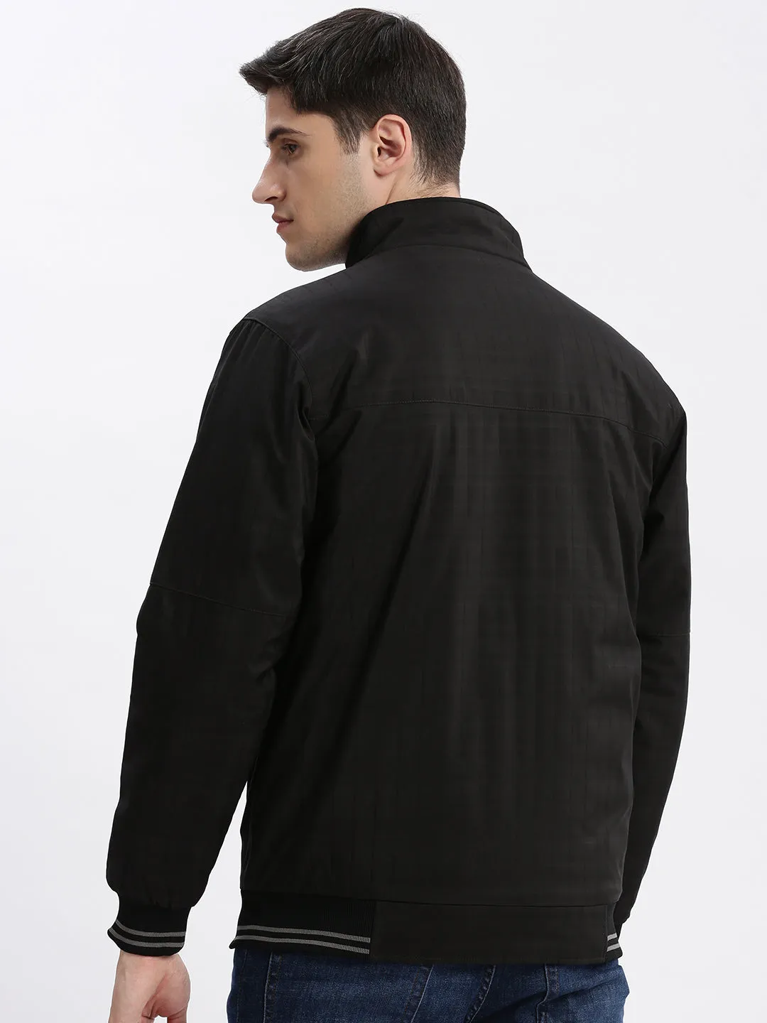 Men Black Geometric Printed Mock Collar Rapid-Dry Technology Windcheater Bomber Jacket