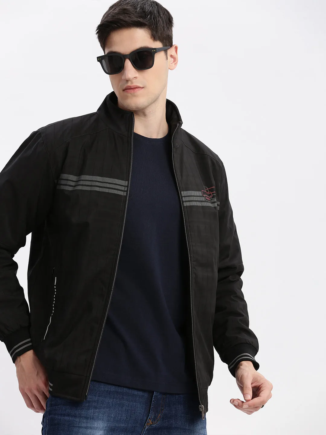Men Black Geometric Printed Mock Collar Rapid-Dry Technology Windcheater Bomber Jacket