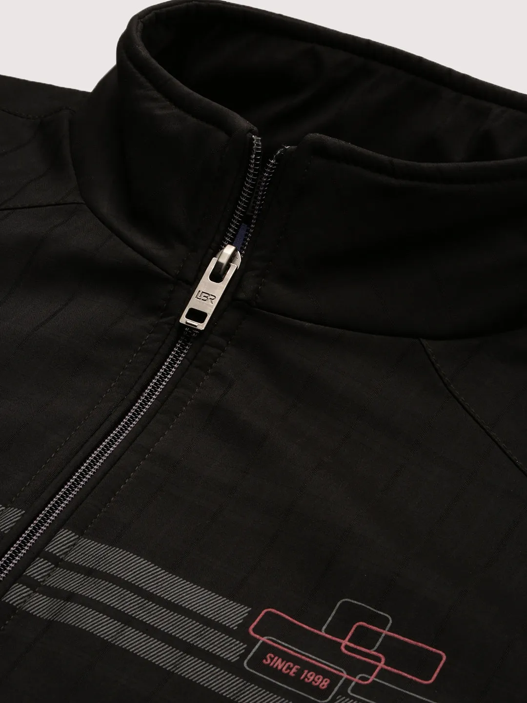 Men Black Geometric Printed Mock Collar Rapid-Dry Technology Windcheater Bomber Jacket