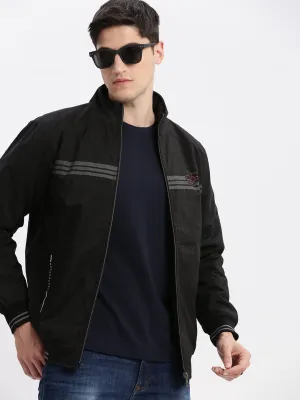 Men Black Geometric Printed Mock Collar Rapid-Dry Technology Windcheater Bomber Jacket