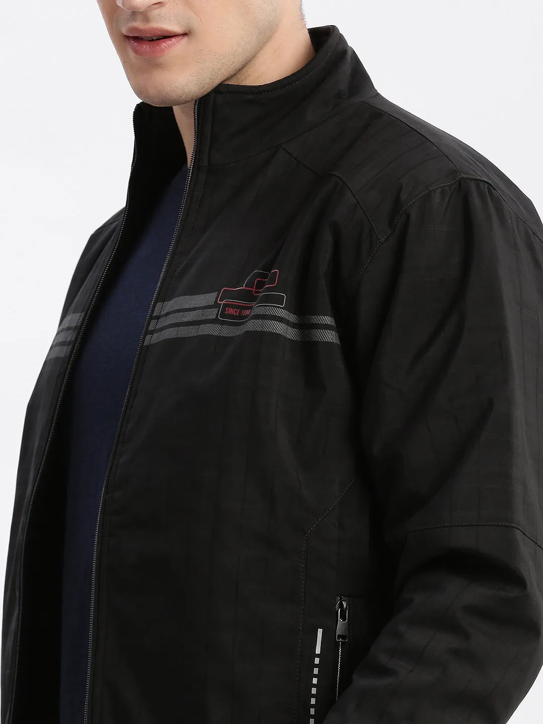 Men Black Geometric Printed Mock Collar Rapid-Dry Technology Windcheater Bomber Jacket