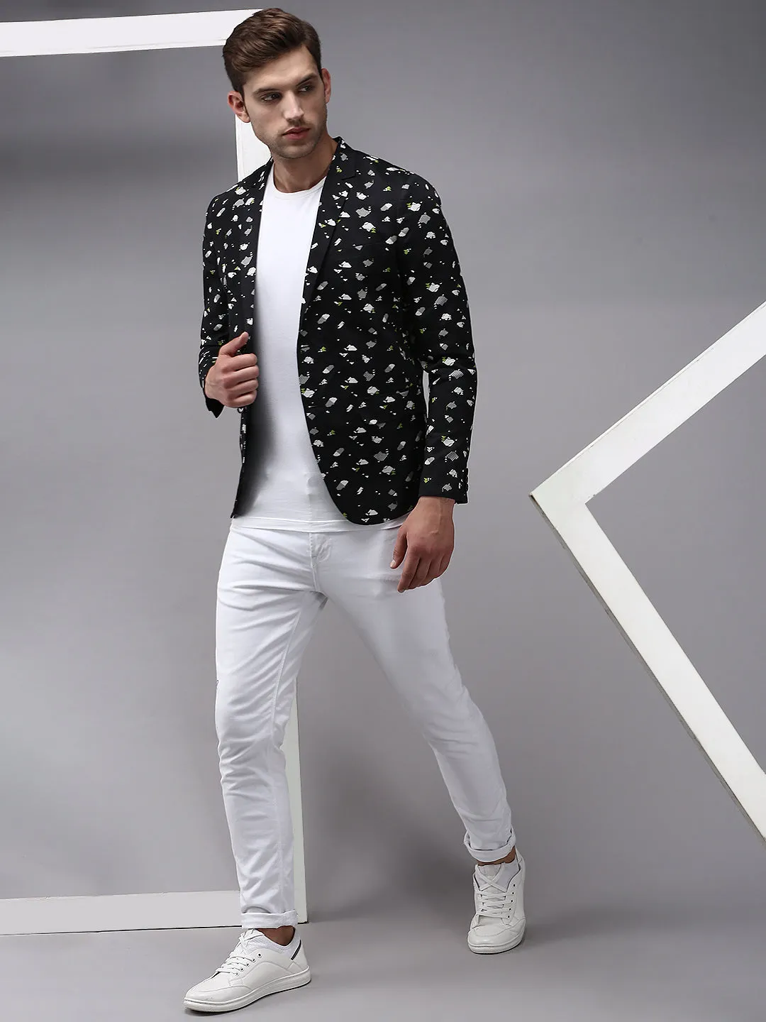 Men Black Printed Single-Breasted Blazer