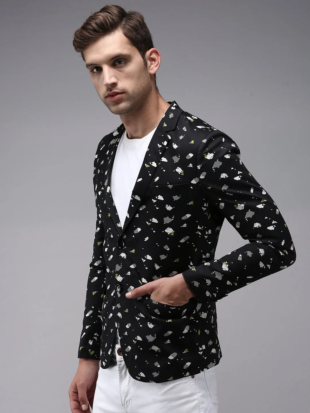 Men Black Printed Single-Breasted Blazer