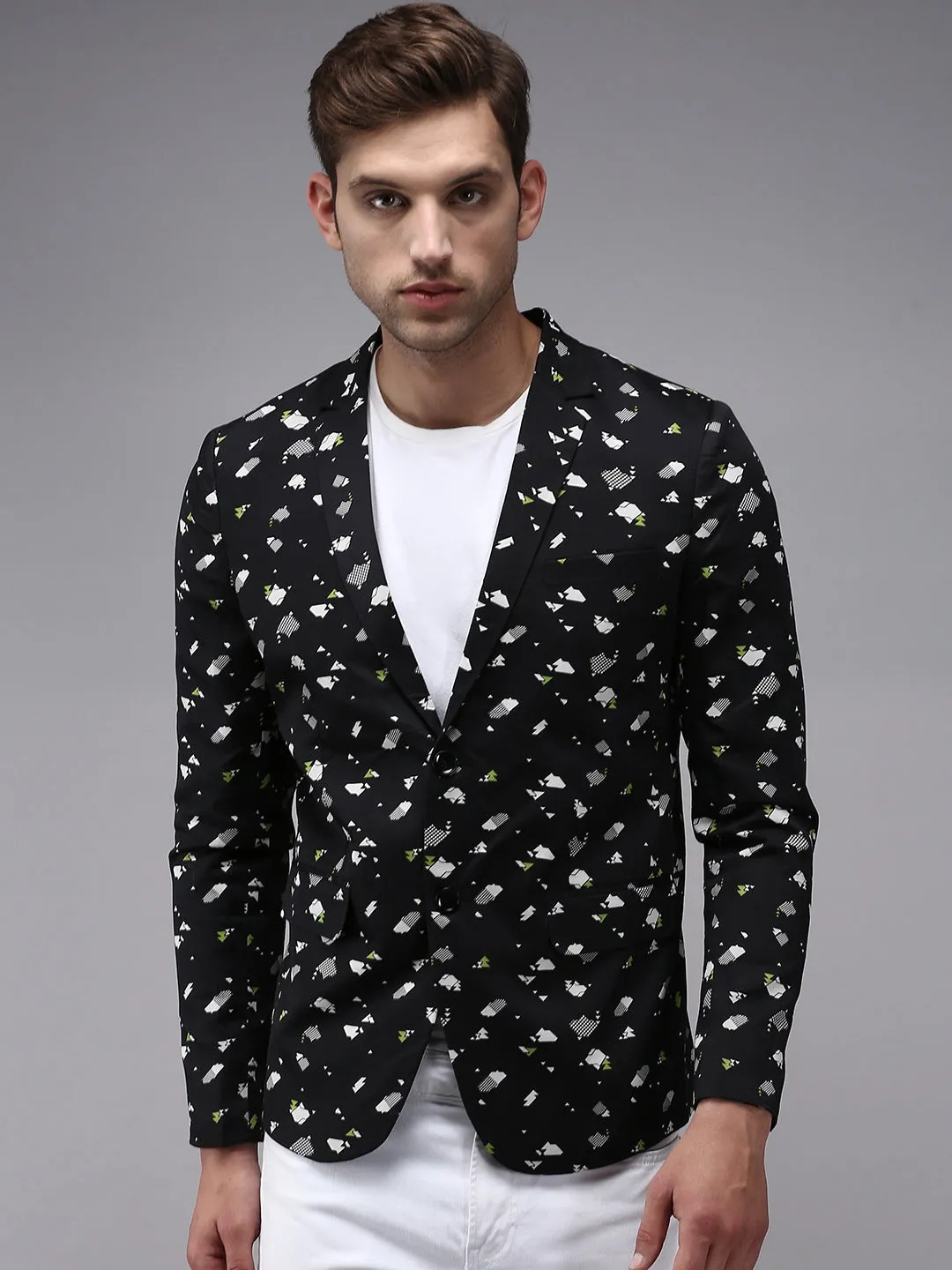 Men Black Printed Single-Breasted Blazer