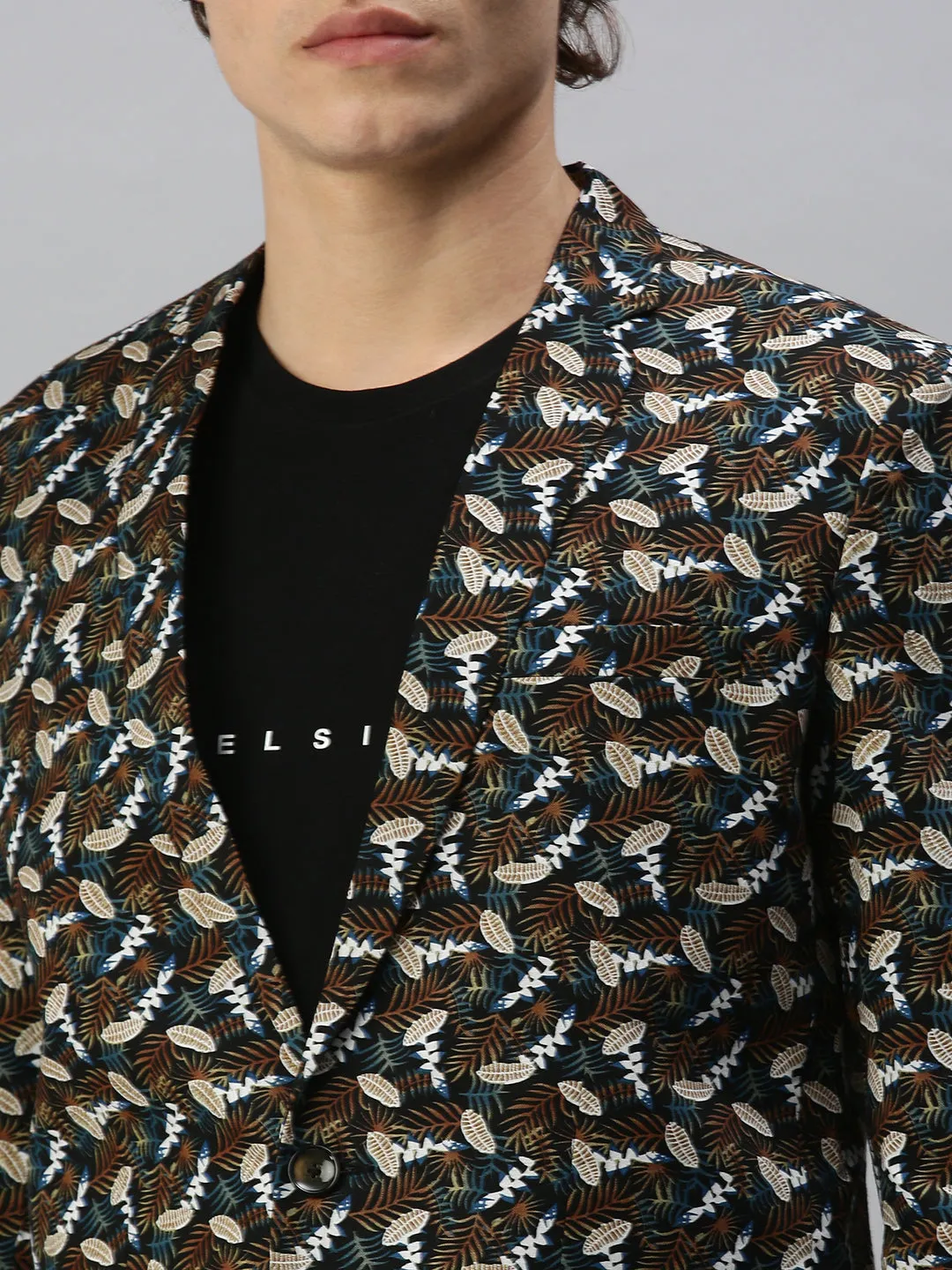 Men Black Printed Single Breasted Slim Fit Blazer