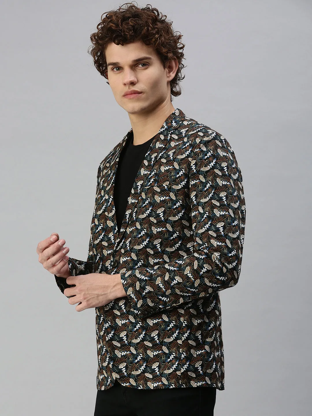 Men Black Printed Single Breasted Slim Fit Blazer