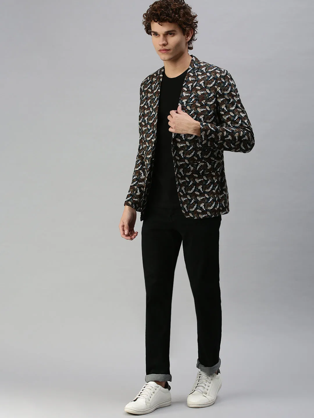 Men Black Printed Single Breasted Slim Fit Blazer
