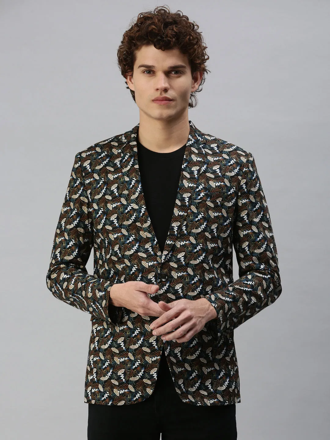 Men Black Printed Single Breasted Slim Fit Blazer