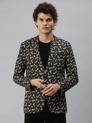 Men Black Printed Single Breasted Slim Fit Blazer