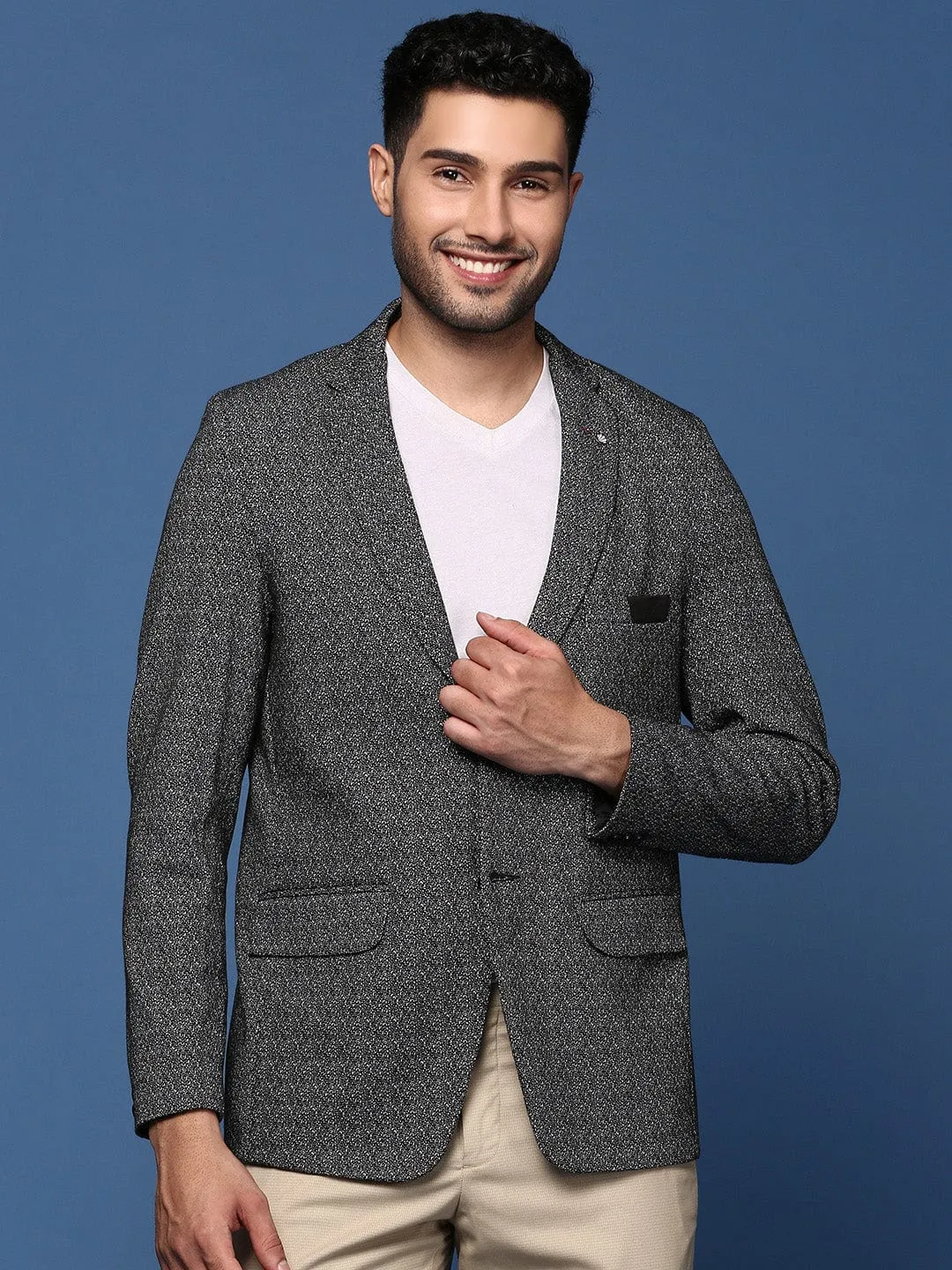 Men Black Self Designed Slim Fit Single Breasted Blazer