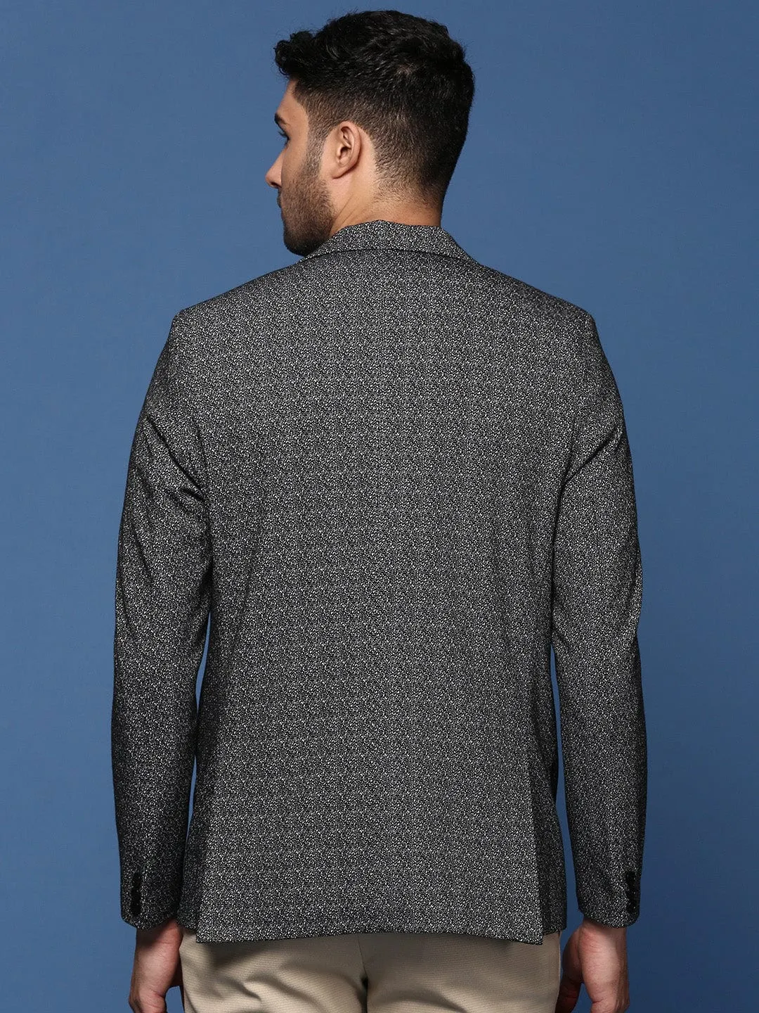 Men Black Self Designed Slim Fit Single Breasted Blazer