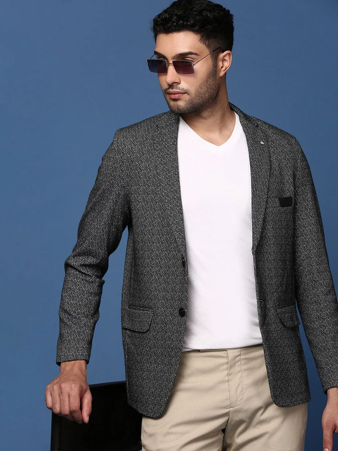 Men Black Self Designed Slim Fit Single Breasted Blazer