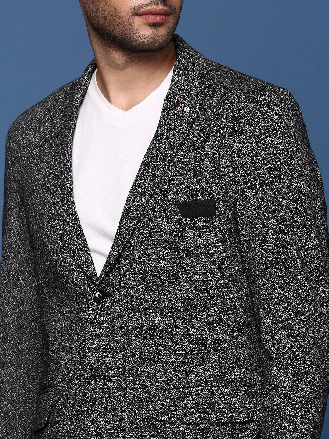 Men Black Self Designed Slim Fit Single Breasted Blazer