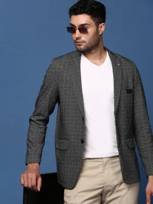 Men Black Self Designed Slim Fit Single Breasted Blazer