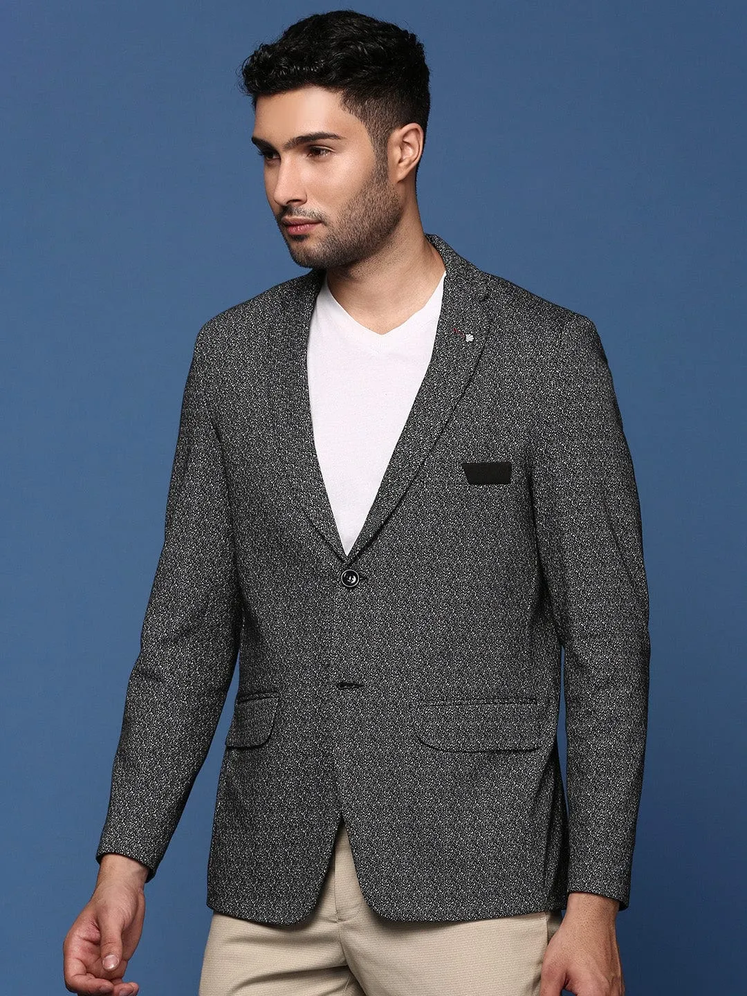 Men Black Self Designed Slim Fit Single Breasted Blazer
