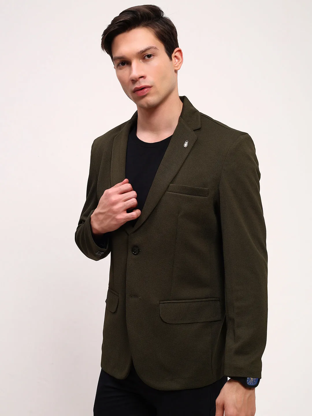 Men Green Solid Single Breasted Cotton Blazer