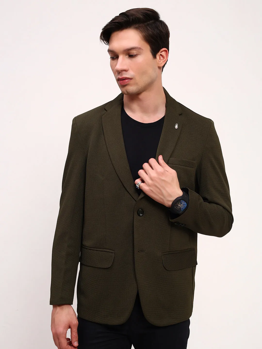 Men Green Solid Single Breasted Cotton Blazer
