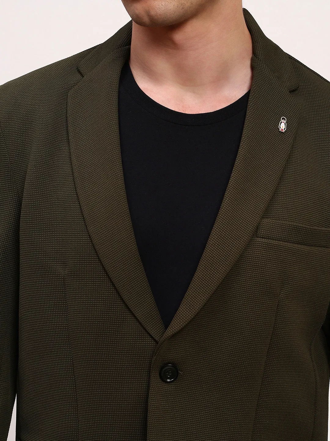 Men Green Solid Single Breasted Cotton Blazer