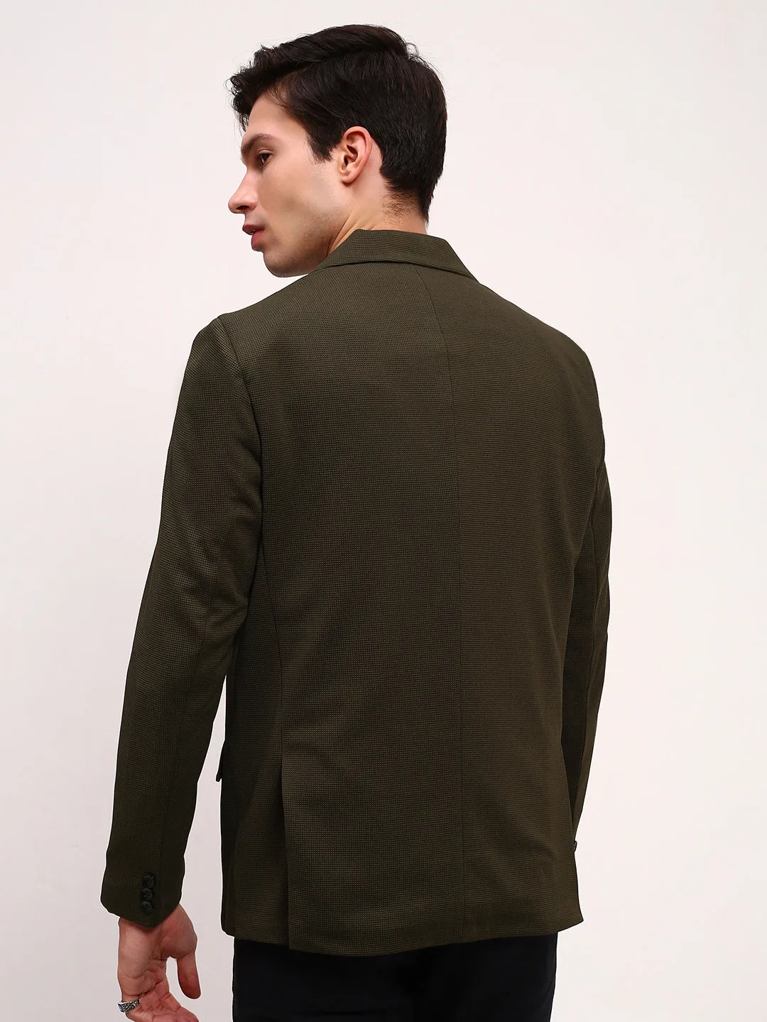 Men Green Solid Single Breasted Cotton Blazer