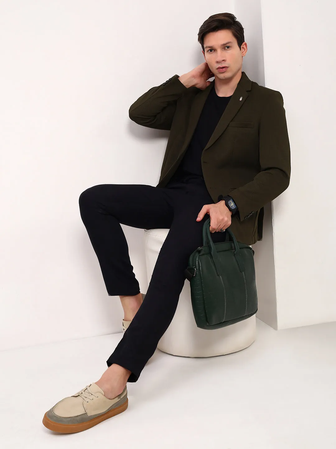 Men Green Solid Single Breasted Cotton Blazer