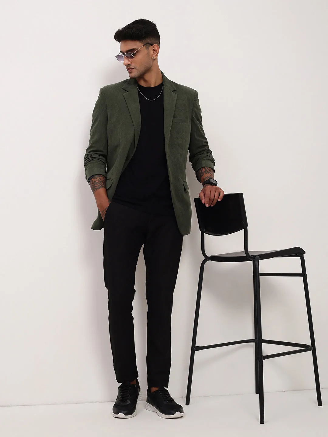 Men Green Solid Single Breasted Slim-Fit Blazer