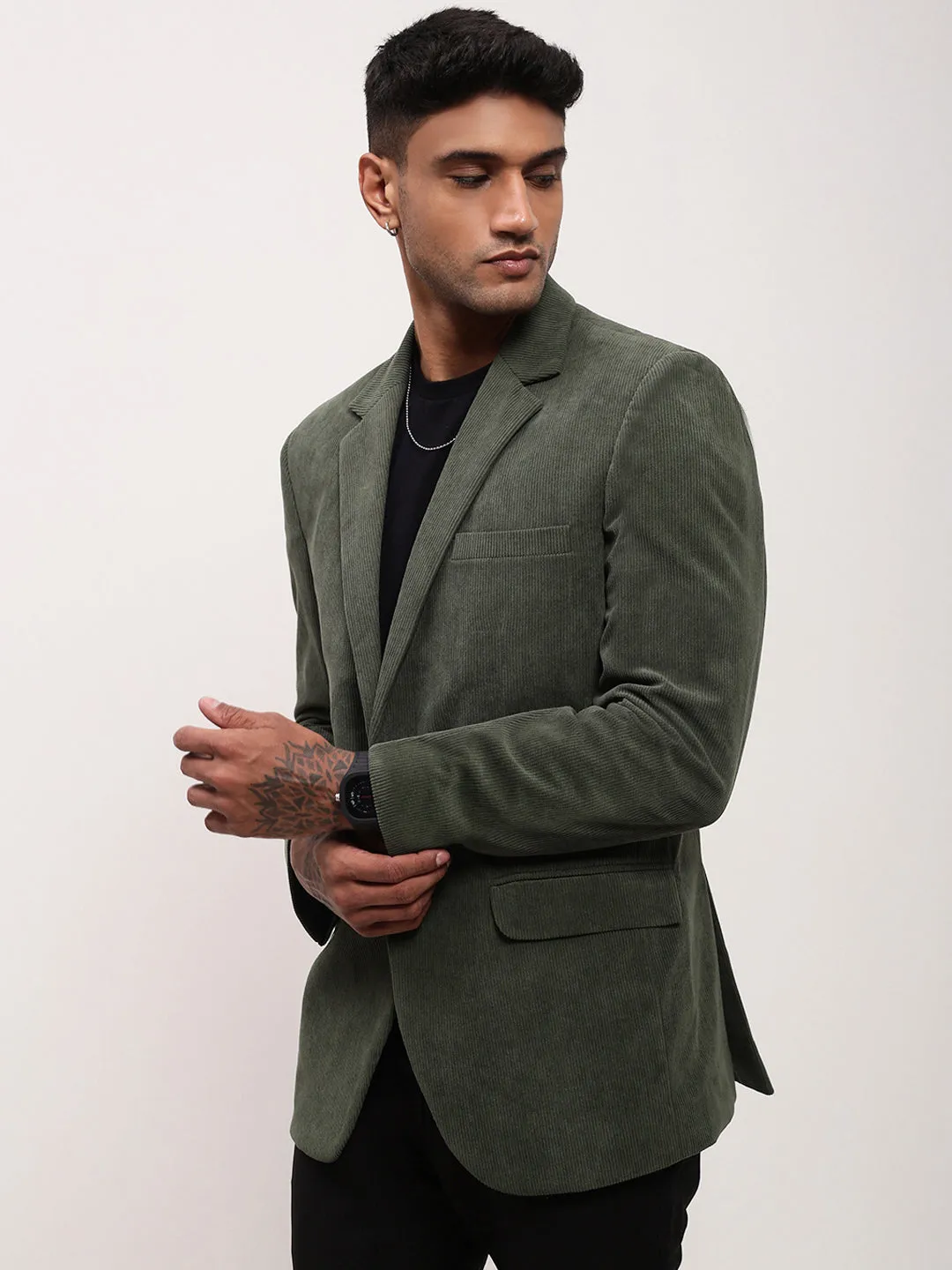 Men Green Solid Single Breasted Slim-Fit Blazer