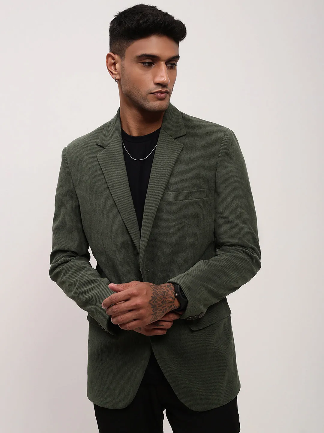 Men Green Solid Single Breasted Slim-Fit Blazer