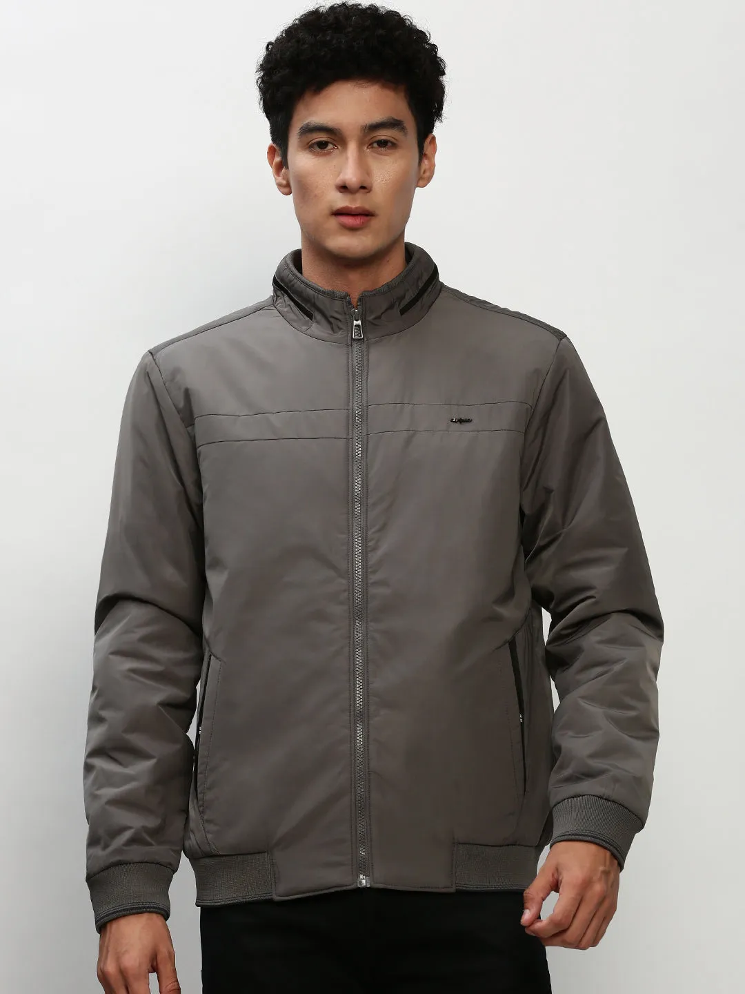 Men Grey Stand Collar Bomber Jacket