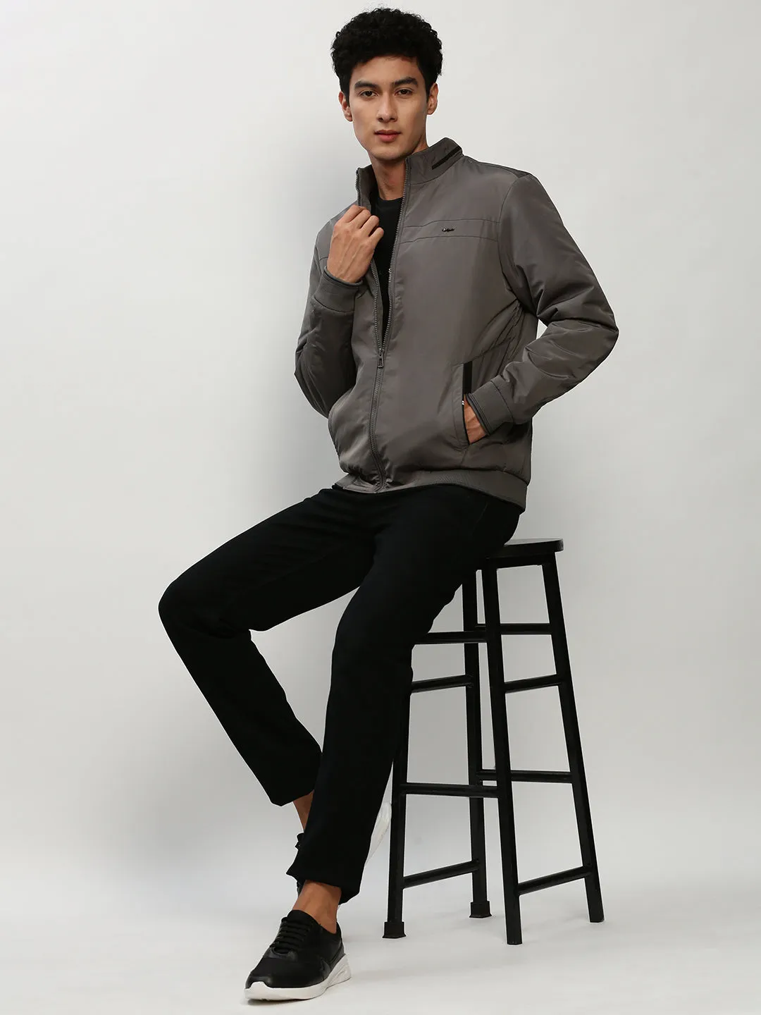 Men Grey Stand Collar Bomber Jacket