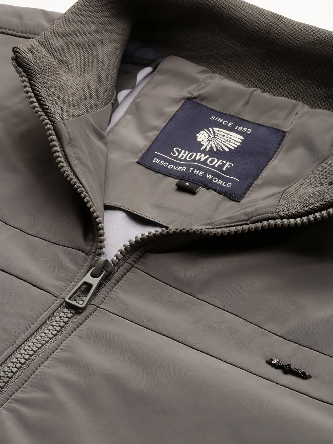 Men Grey Stand Collar Bomber Jacket