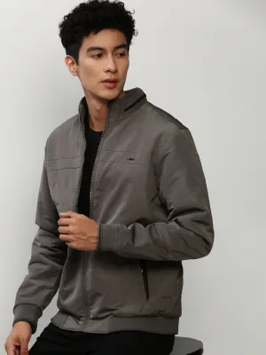 Men Grey Stand Collar Bomber Jacket