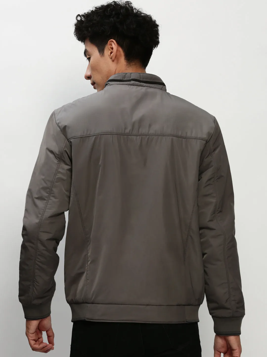 Men Grey Stand Collar Bomber Jacket