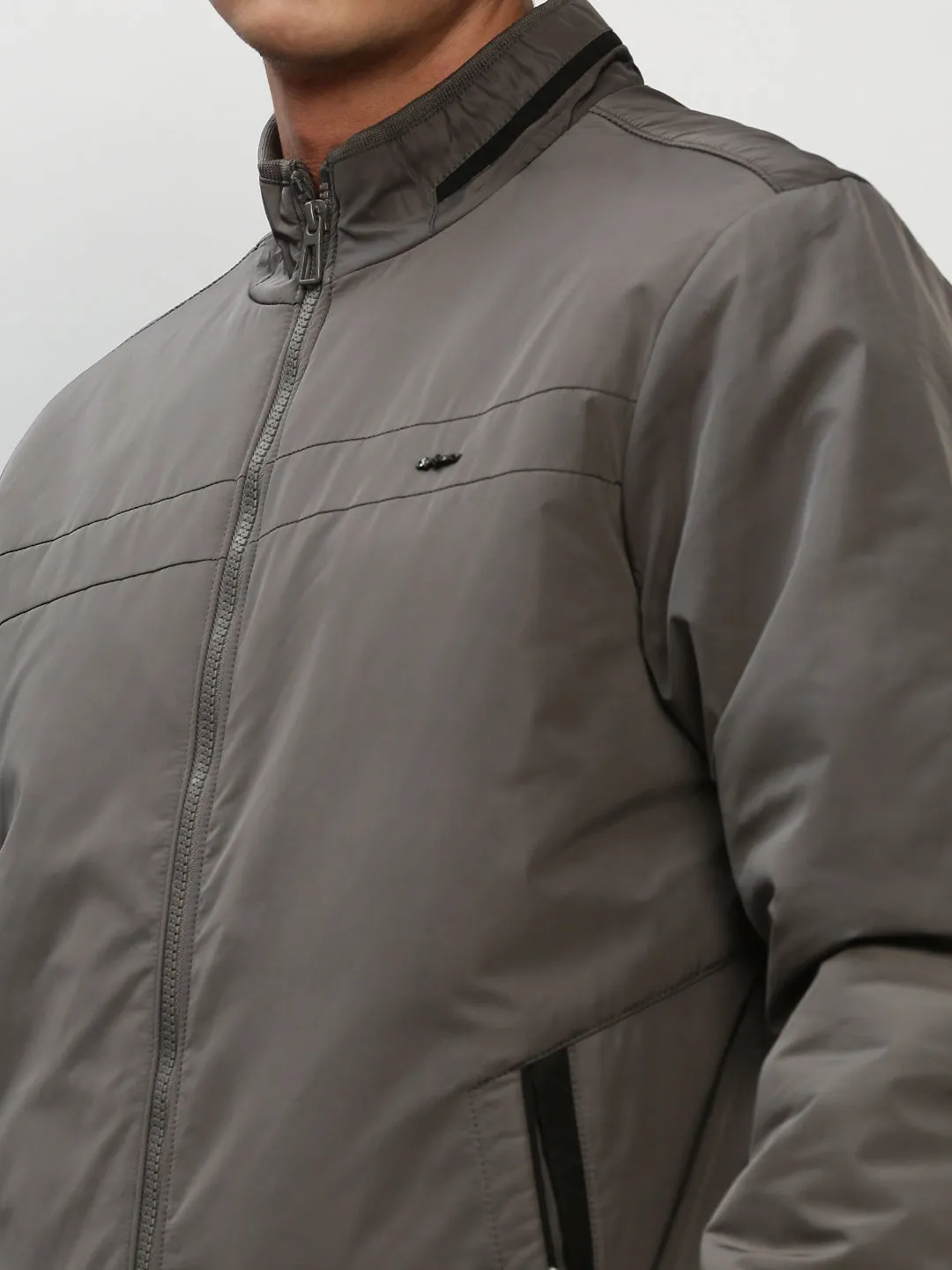Men Grey Stand Collar Bomber Jacket