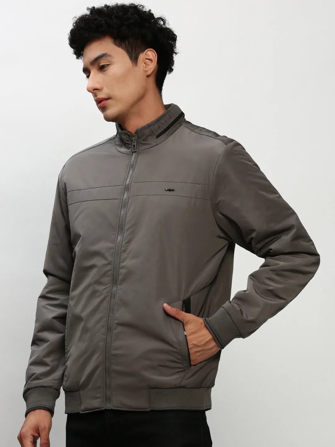 Men Grey Stand Collar Bomber Jacket