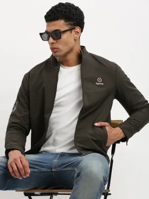 Men Long Sleeves Mock Collar Olive Solid Casual Bomber Jacket