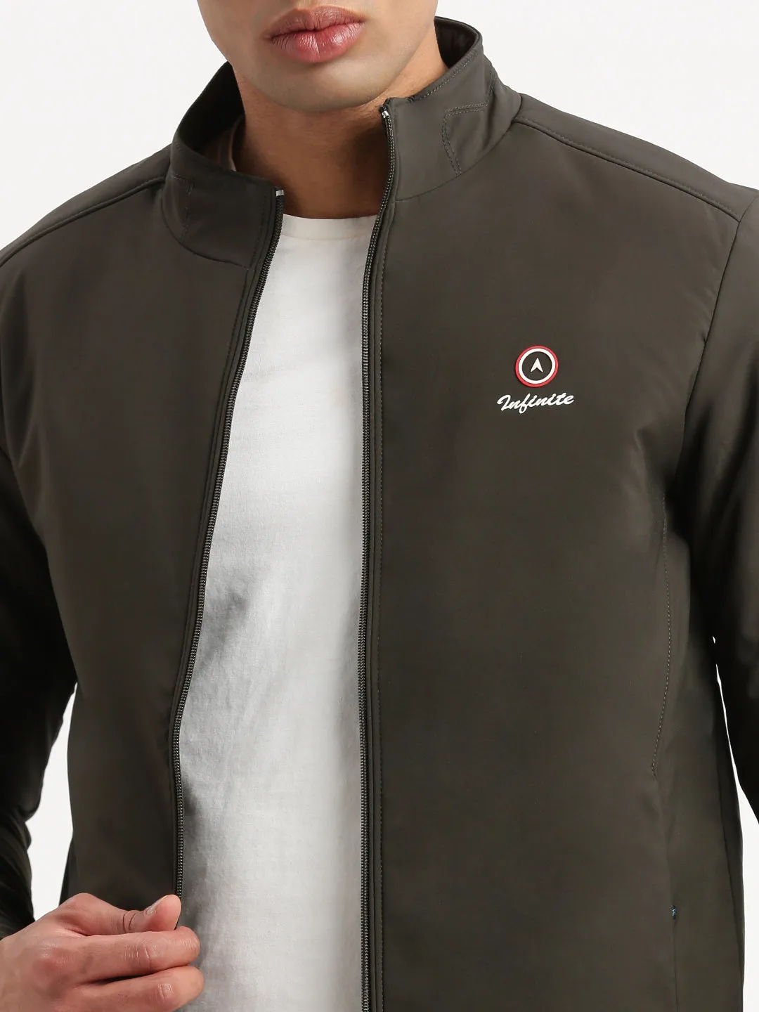 Men Long Sleeves Mock Collar Olive Solid Casual Bomber Jacket