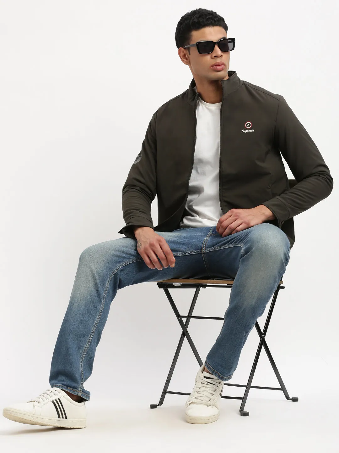 Men Long Sleeves Mock Collar Olive Solid Casual Bomber Jacket