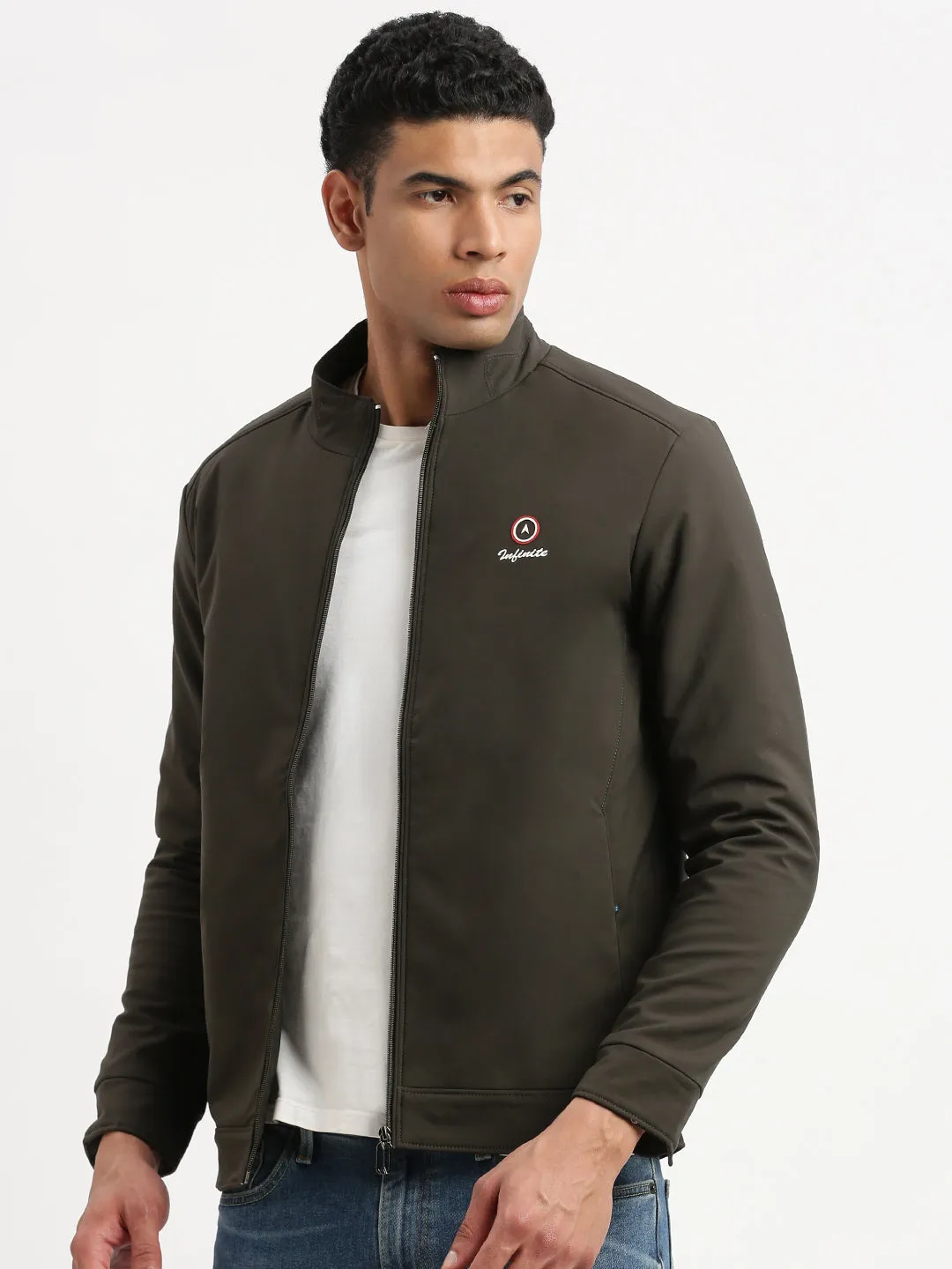 Men Long Sleeves Mock Collar Olive Solid Casual Bomber Jacket