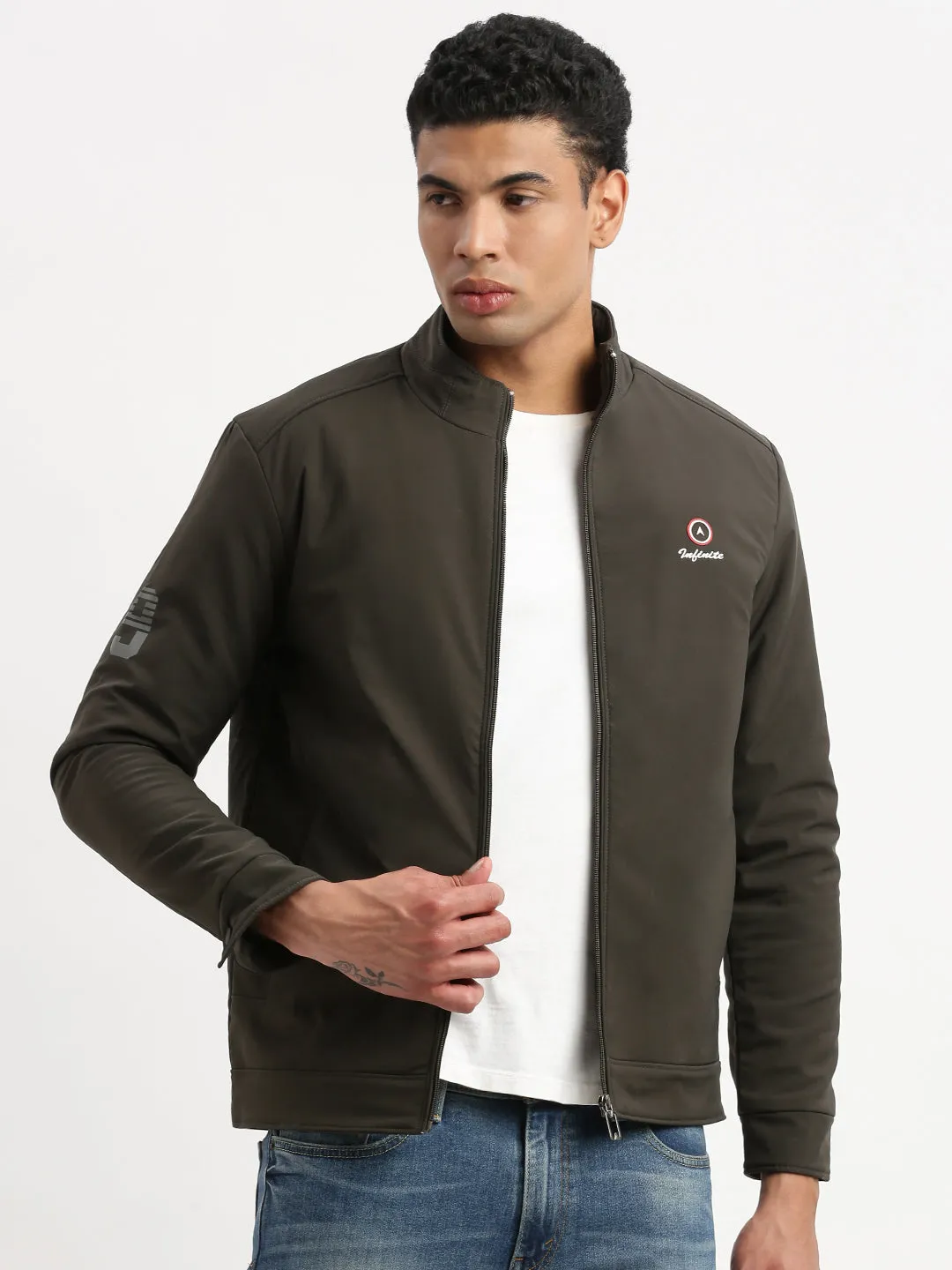 Men Long Sleeves Mock Collar Olive Solid Casual Bomber Jacket