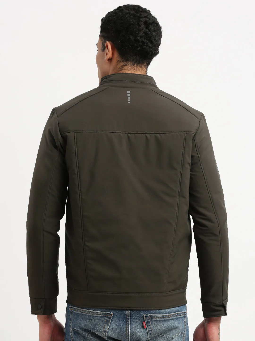 Men Long Sleeves Mock Collar Olive Solid Casual Bomber Jacket