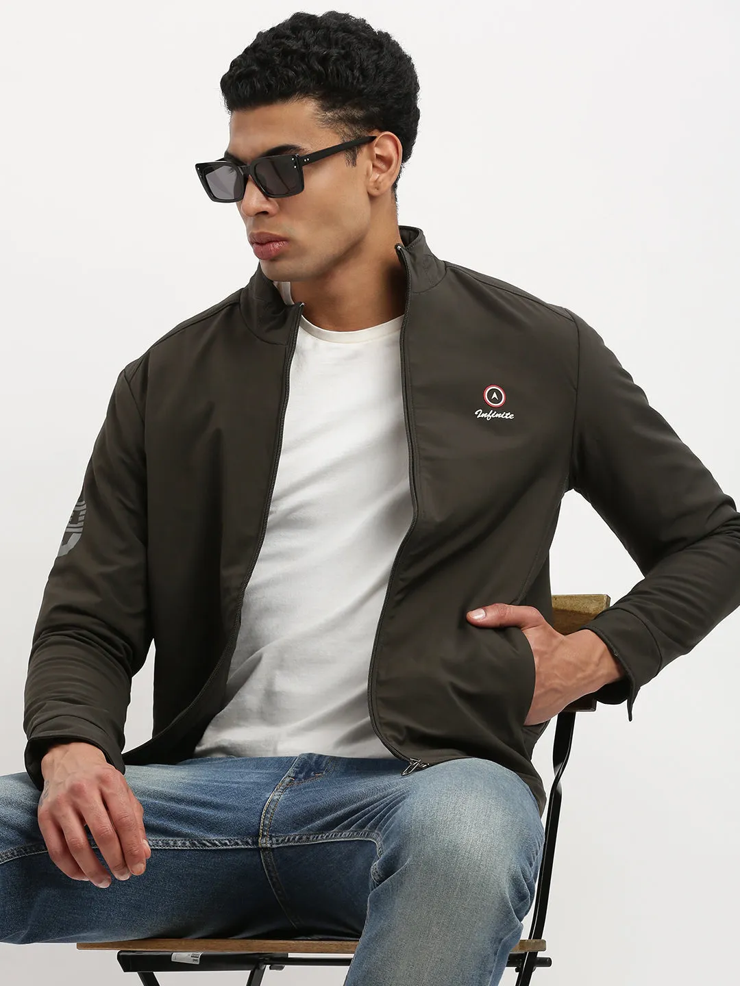 Men Long Sleeves Mock Collar Olive Solid Casual Bomber Jacket