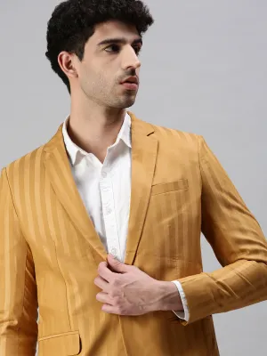 Men Mustard Striped Slim-Fit Single-Breasted Blazer