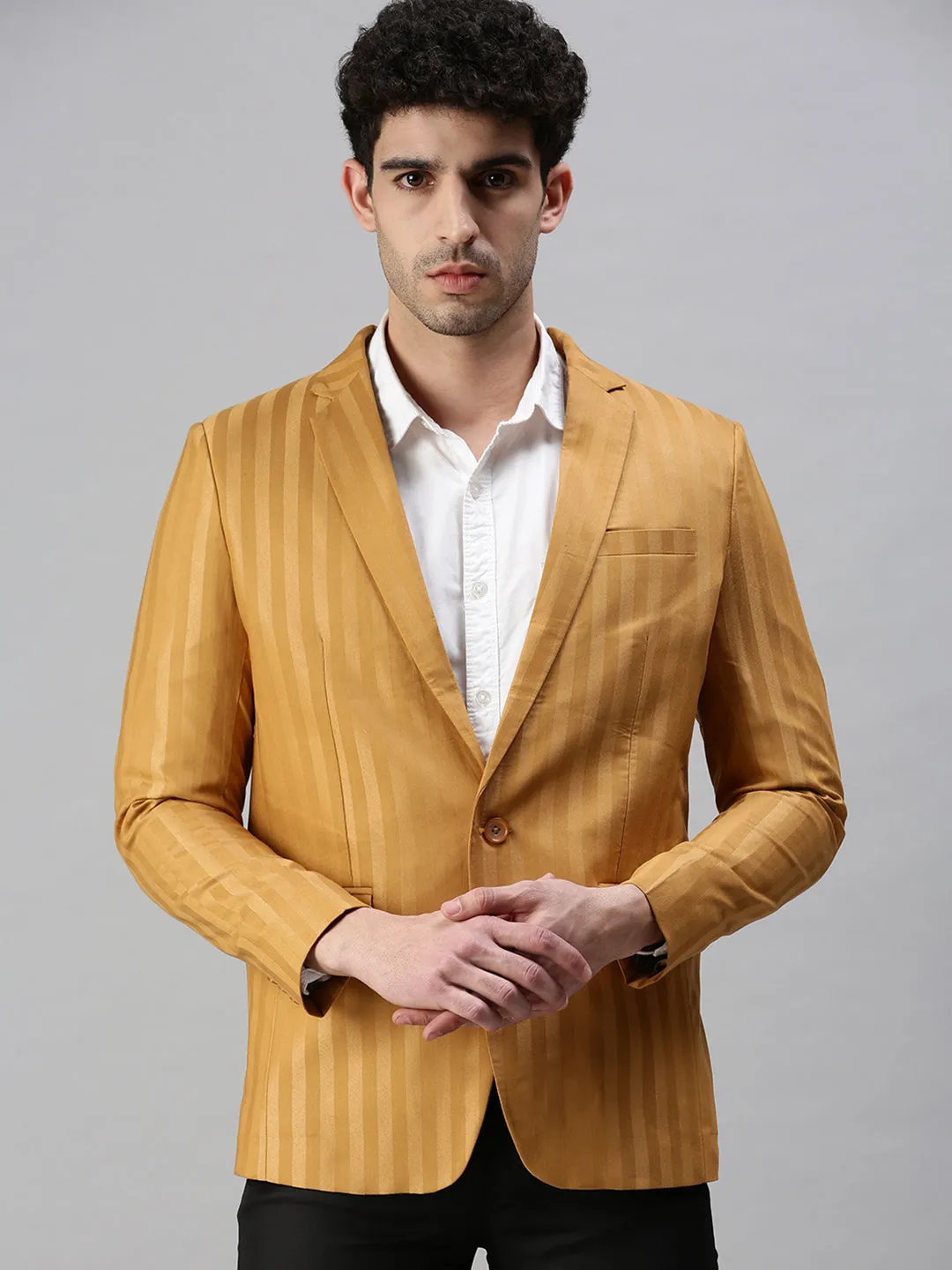 Men Mustard Striped Slim-Fit Single-Breasted Blazer