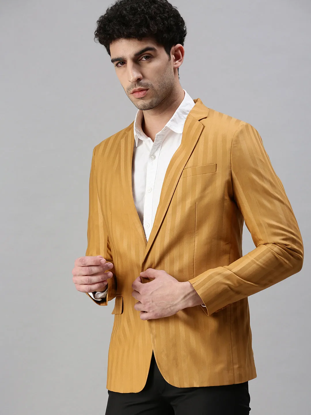 Men Mustard Striped Slim-Fit Single-Breasted Blazer