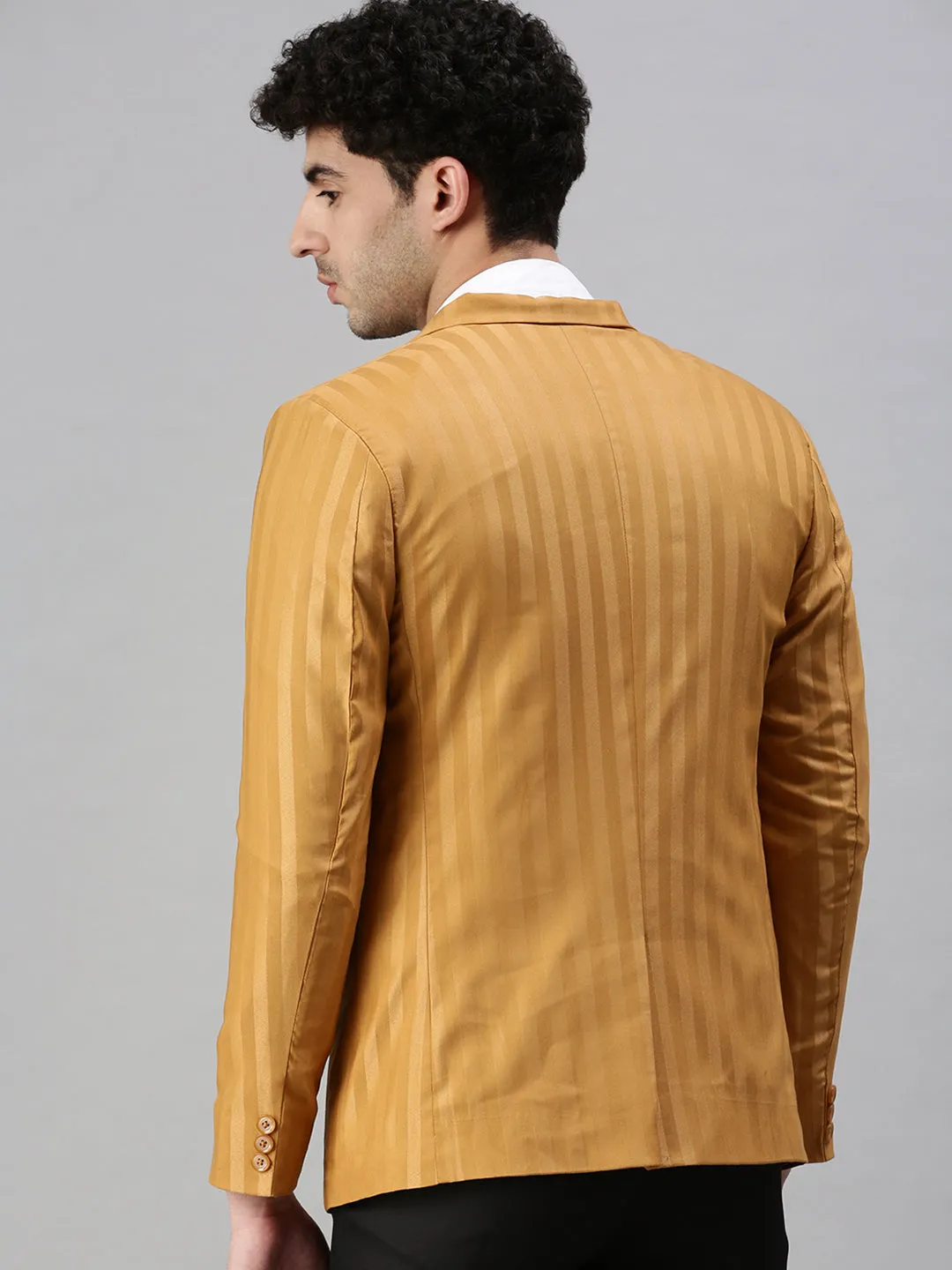 Men Mustard Striped Slim-Fit Single-Breasted Blazer