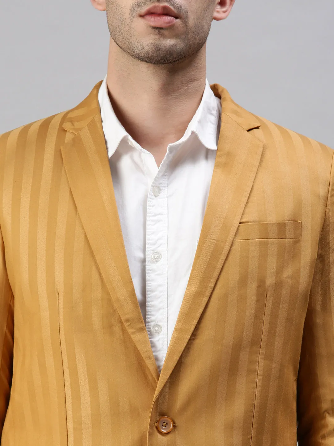Men Mustard Striped Slim-Fit Single-Breasted Blazer