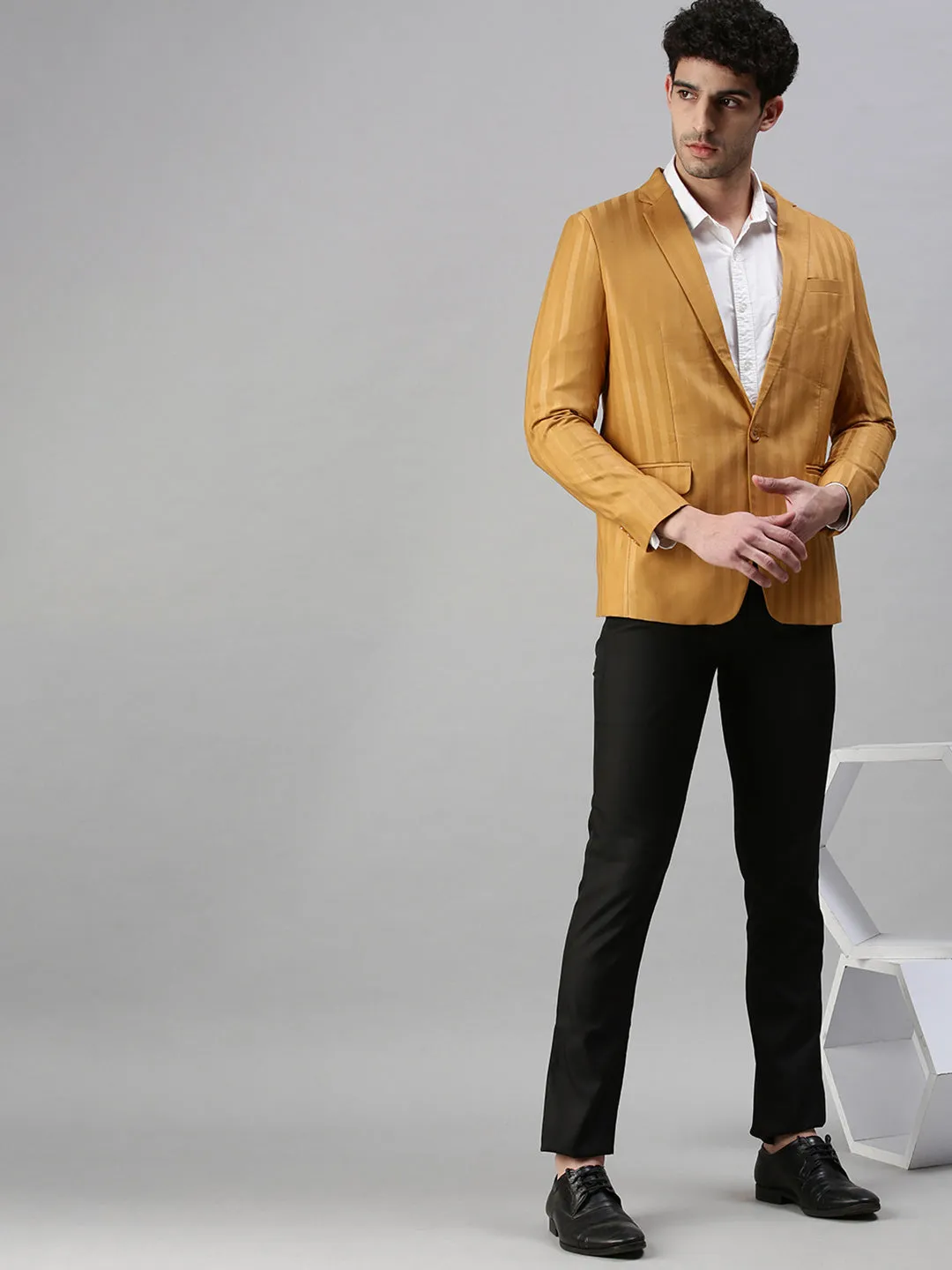 Men Mustard Striped Slim-Fit Single-Breasted Blazer