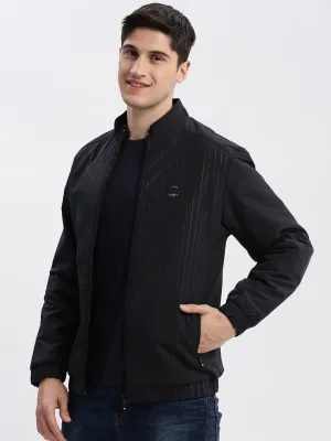 Men Navy Blue Rapid-Dry Striped Stand Collar Windcheater Bomber Jacket